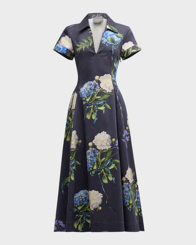 Hydrangea-Print Poplin Short-Sleeve Belted Midi Shirtdress